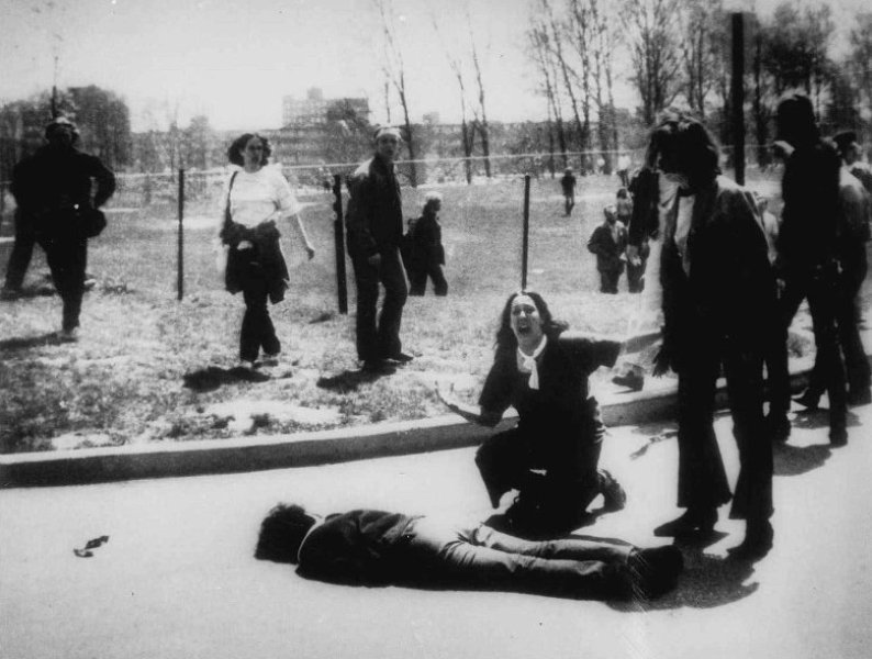 In this Pulitzer Prize-winning photo by John FIlo, bystander Mary Ann Vechio screams next to the body of Kent State student Jeffrey Miller, who was killed by Ohio National Guard gunfire on May 4, 1970.